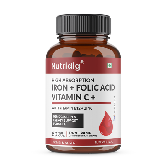 High Absorption Iron with Folic Acid, Vitamin C, B12 & Zinc – 60 Veg Capsules