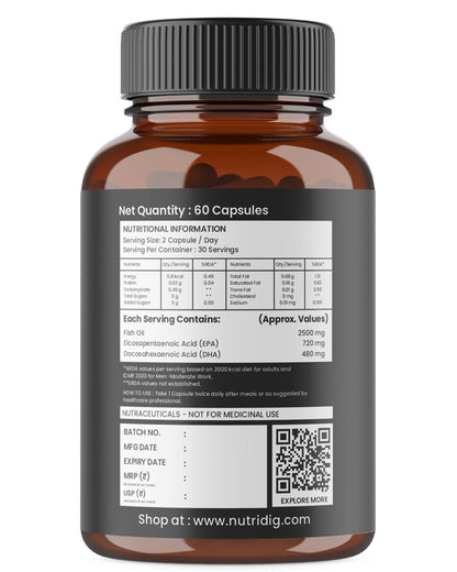 Triple Strength Omega-3 Fish Oil Softgels  – 2500mg Serving | High Potency - 60 Softgels