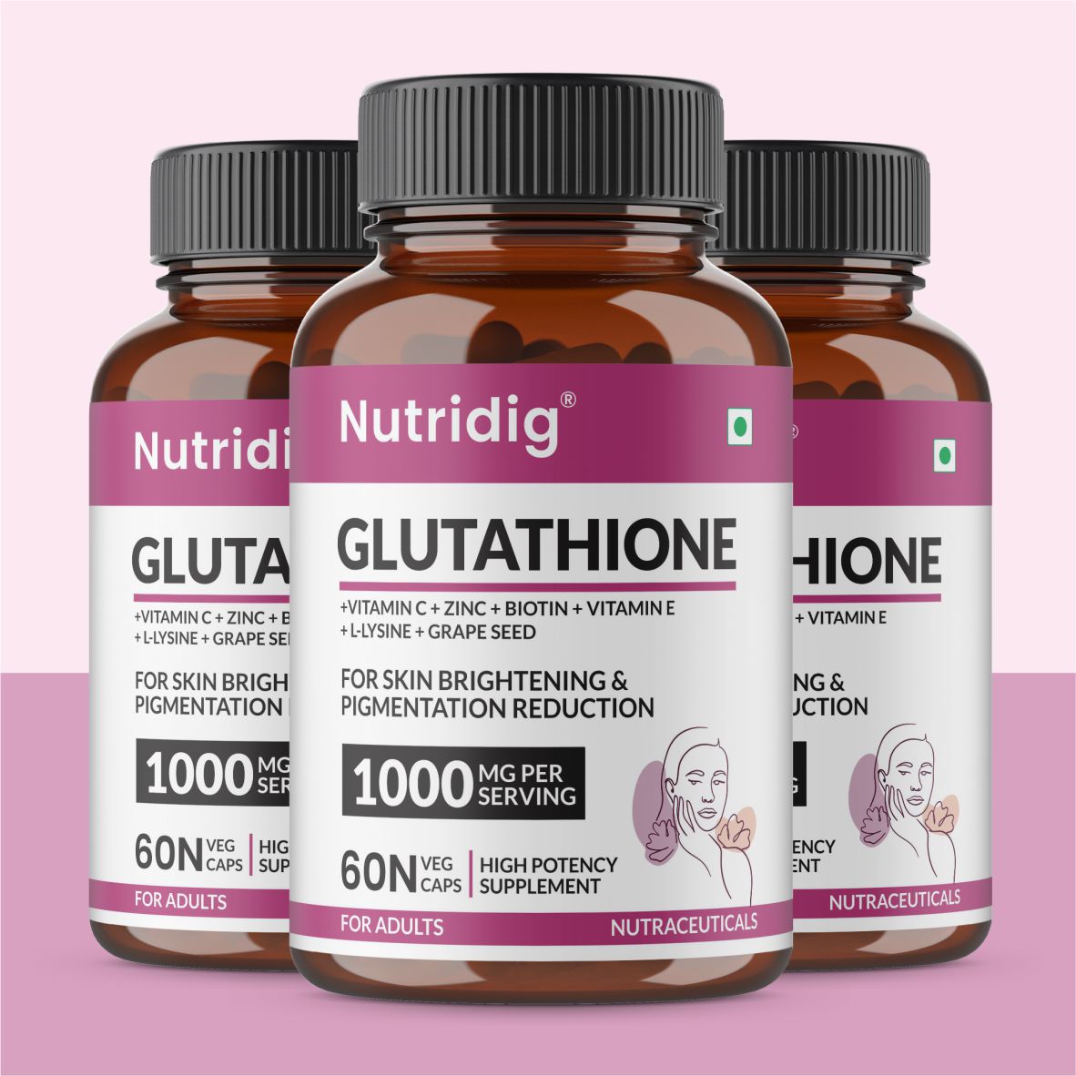 Nutridig® L-Glutathione Skin Brightening Capsules with Vitamin C, Zinc, Biotin | 60 Capsules