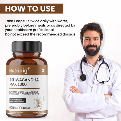 Nutridig® Ashwagandha Max 1000 mg – High Potency 60 Capsules | Stress Relief, Vigor & Immunity Supplement