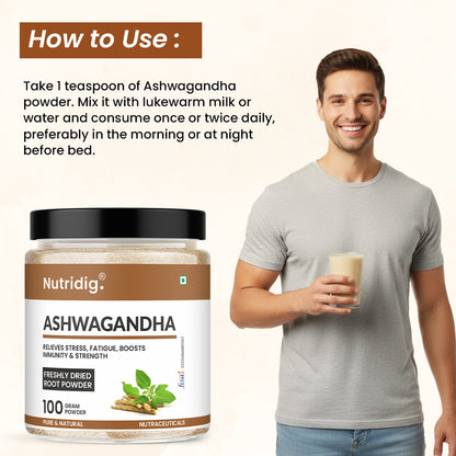 Nutridig® Wild Ashwagandha Roots Powder | Ultra Potent Strength - 100gm
