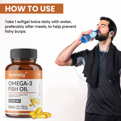 Fish Oil Omega-3 Softgel Capsules 1250mg - High Strength Supplement |  60 Softgels