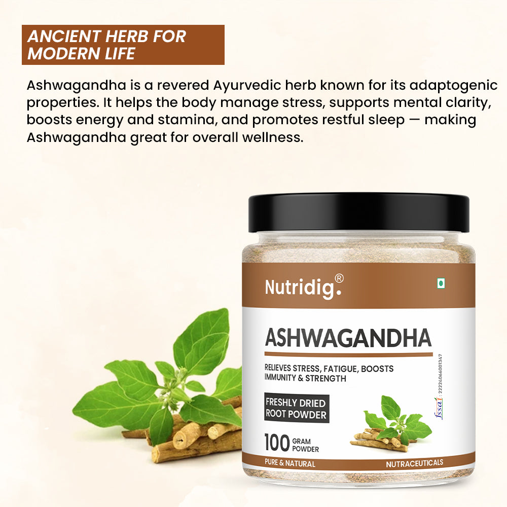 Nutridig® Wild Ashwagandha Roots Powder | Ultra Potent Strength - 100gm