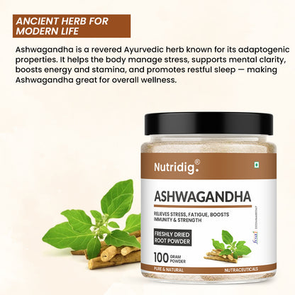 Nutridig® Wild Ashwagandha Roots Powder | Ultra Potent Strength - 100gm