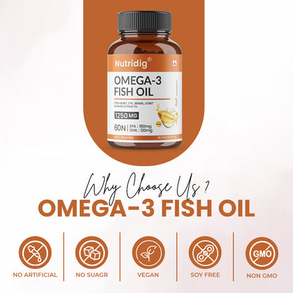 Fish Oil Omega-3 Softgel Capsules 1250mg - High Strength Supplement |  60 Softgels