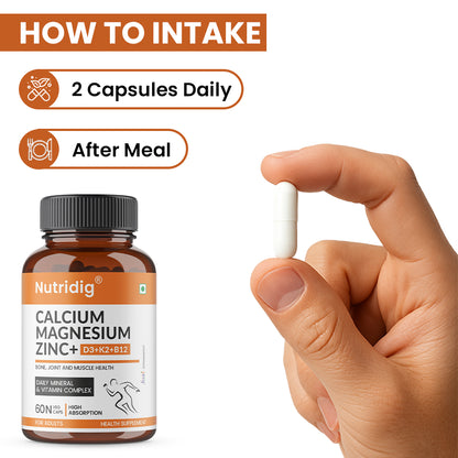 Calcium, Magnesium, Zinc with Vitamin D3, K2 & B12 | Complete Bone, Joint & Muscle Support | 60 Capsules
