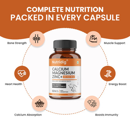 Calcium, Magnesium, Zinc with Vitamin D3, K2 & B12 | Complete Bone, Joint & Muscle Support | 60 Capsules