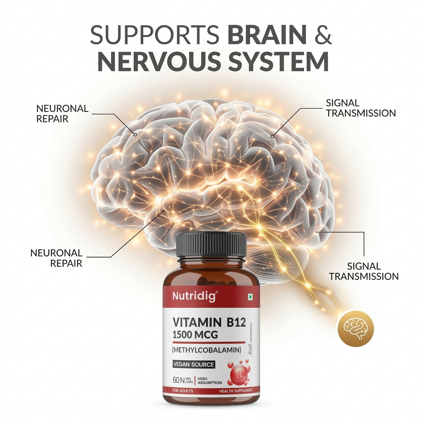 Vitamin B12 High Potency Vegan Capsules 1500mcg  | Methylcobalamin - 60 Caps