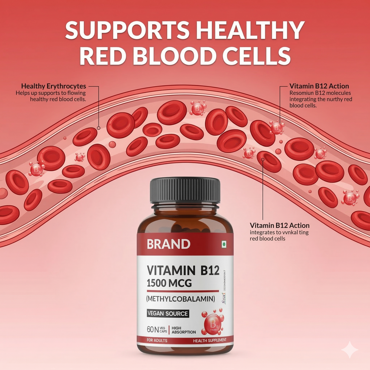 Vitamin B12 High Potency Vegan Capsules 1500mcg  | Methylcobalamin - 60 Caps