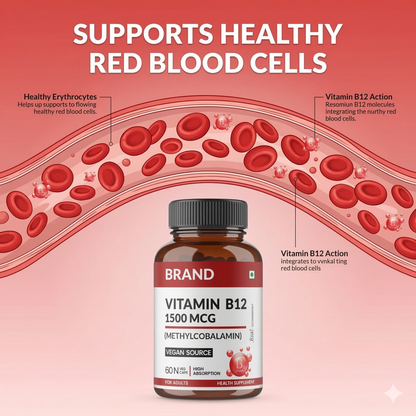 Vitamin B12 High Potency Vegan Capsules 1500mcg  | Methylcobalamin - 60 Caps