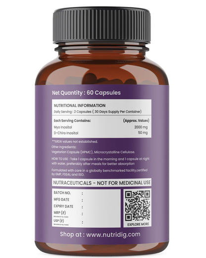 Nutridig® Myo-Inositol & D-Chiro Inositol Capsules – 40:1 Ratio | PCOD, Hormonal Balance & Wellness - 60 Caps