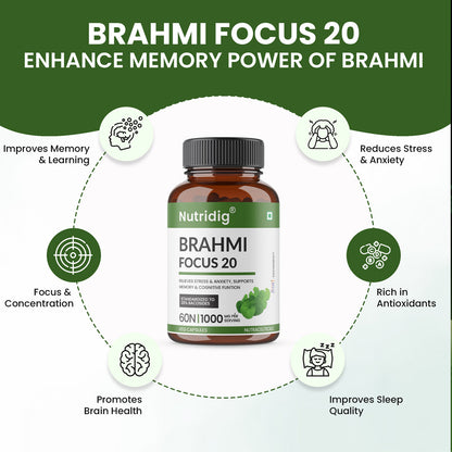 Brahmi Focus 20 – High Potency Supplement for Focus, Memory & Cognitive Support | 60 Capsules