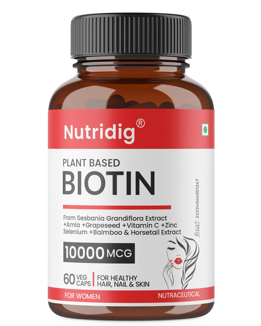 Plant-Based Biotin 10000 mcg - 60 Veg Capsules for Healthy Hair, Skin & Nails
