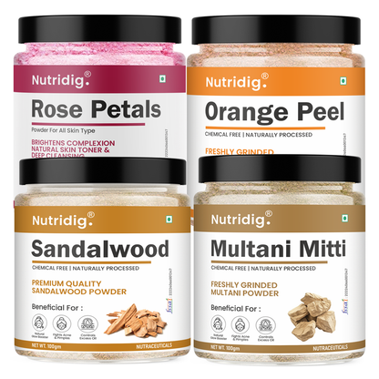Organic Sandalwood + Rose Petal + Orange Peel + Multani Mitti Powder – Face, Hair & Skin Value Pack (400g, Pack of 4 x 100g)