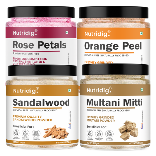 Organic Sandalwood + Rose Petal + Orange Peel + Multani Mitti Powder – Face, Hair & Skin Value Pack (400g, Pack of 4 x 100g)