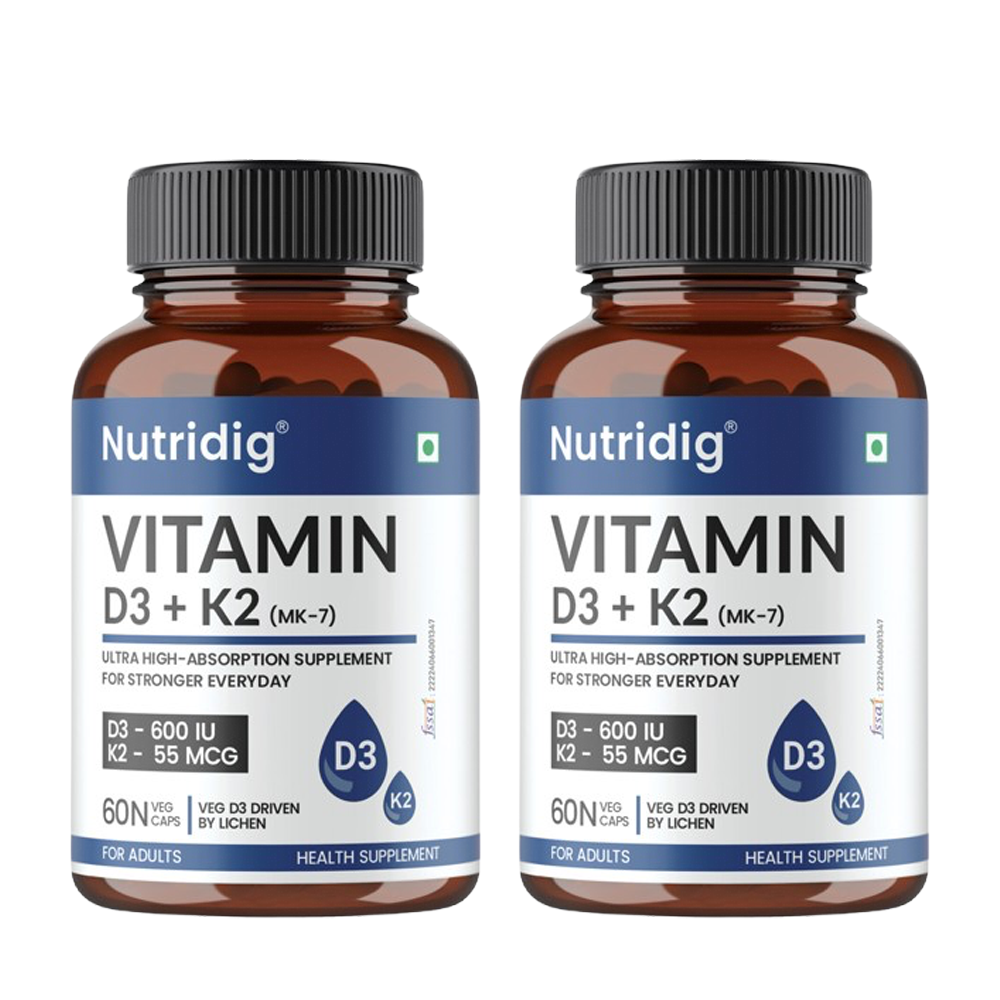 Vitamin D3 + K2 (MK-7) Capsules | Lichen - Vegan Source | High Absorption - 60 Capsules