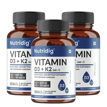 Vitamin D3 + K2 (MK-7) Capsules | Lichen - Vegan Source | High Absorption - 60 Capsules