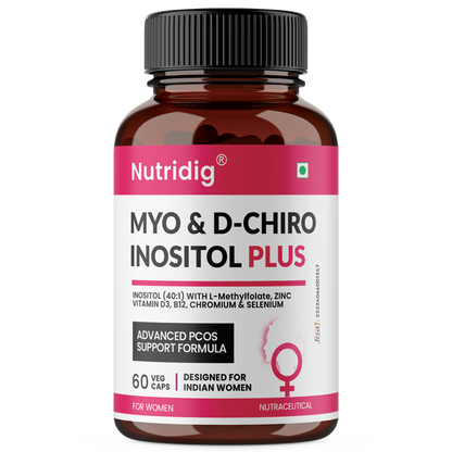 Myo & D-Chiro Inositol Plus with L-Methylfolate, Vitamin D3, B12, Chromium & Zinc – Advanced PCOS Support Formula for Women | 60 Veg Capsules