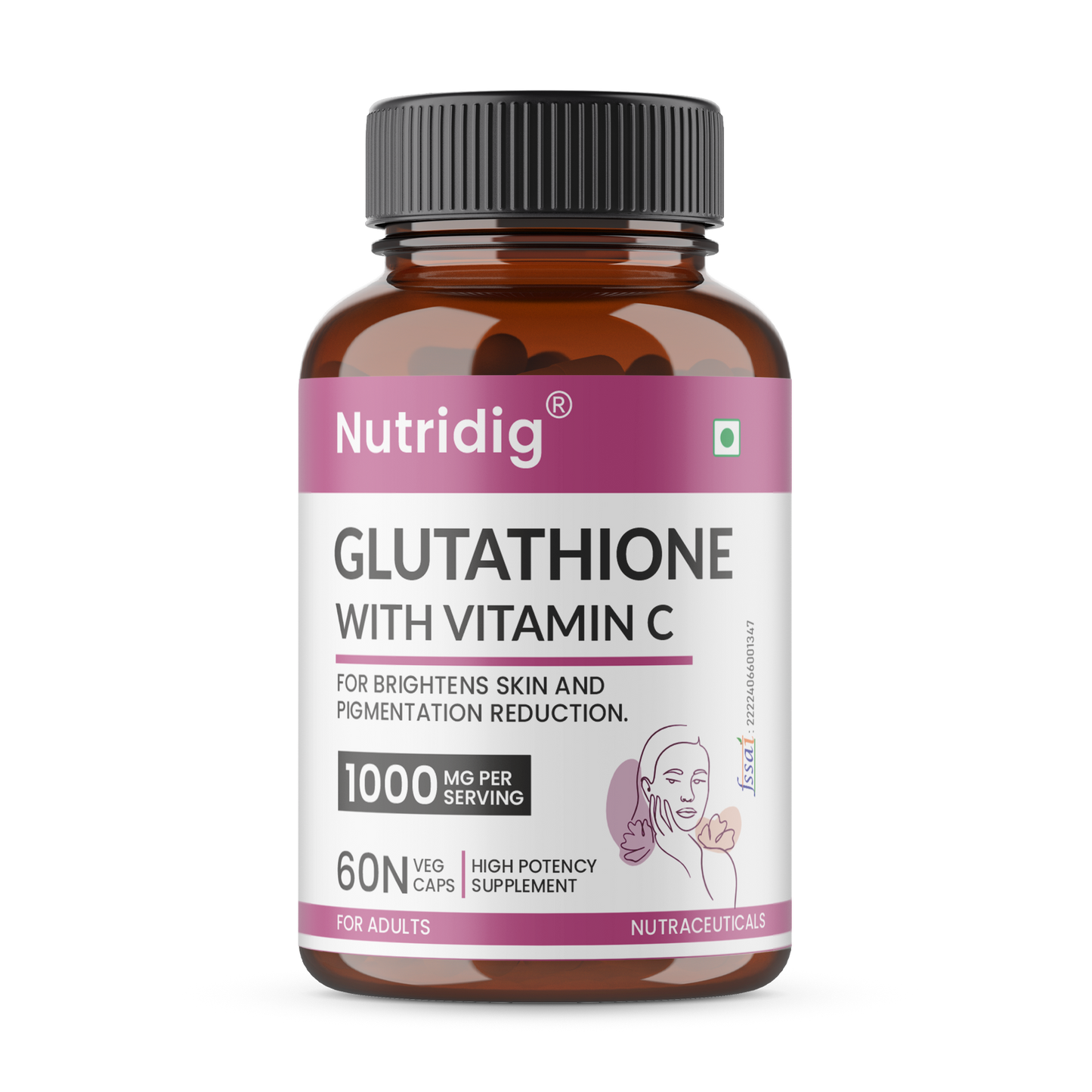 Nutridig® L-Glutathione Skin Brightening Capsules with Vitamin C, Zinc, Biotin | 60 Capsules