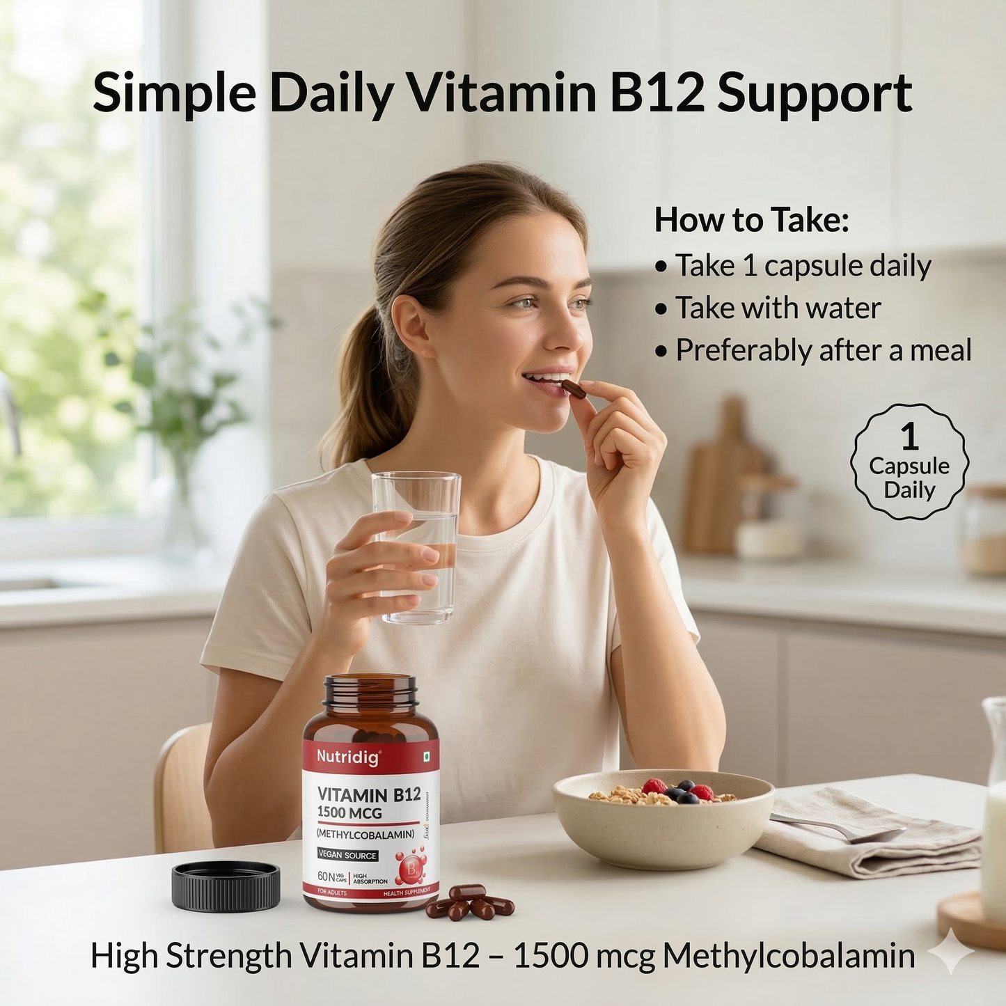 Vitamin B12 High Potency Vegan Capsules 1500mcg  | Methylcobalamin - 60 Caps
