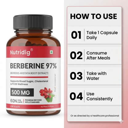 Berberine 97% from Berberis Aristata | Premium Purity Beyond 95% | For Blood Sugar, Cholesterol & Heart Health