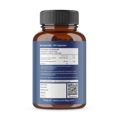 Vitamin D3 + K2 Capsules (Vegan Source) | High Absorption - 60 Capsules