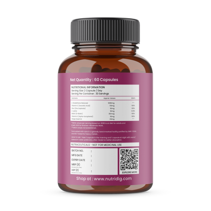 Nutridig® L-Glutathione Skin Brightening Capsules with Vitamin C, Zinc, Biotin | 60 Capsules