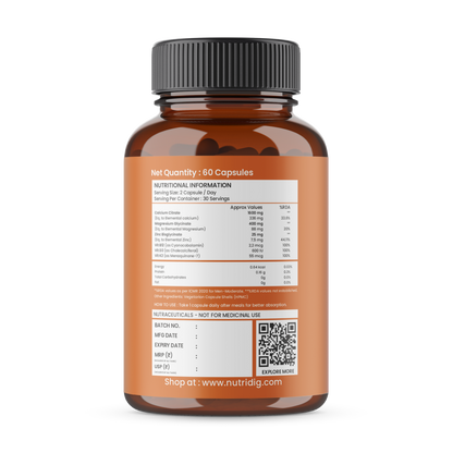 Calcium, Magnesium, Zinc with Vitamin D3, K2 & B12 | Complete Bone, Joint & Muscle Support | 60 Capsules