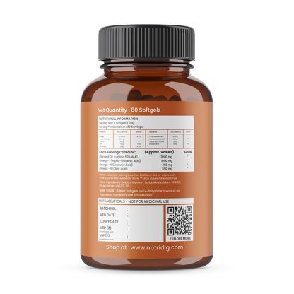 Flaxseed Oil Softgel 1000 mg  – Omega 3-6-9 for Heart, Joint & Skin – 60 Softgels