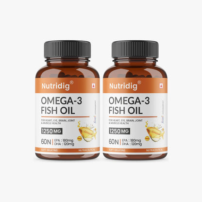 Fish Oil Omega-3 Softgel Capsules 1250mg - High Strength Supplement |  60 Softgels