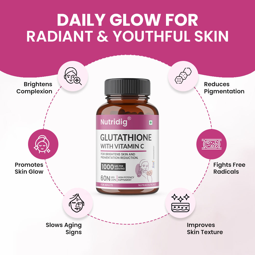 Nutridig® L-Glutathione Skin Brightening Capsules with Vitamin C, Zinc, Biotin | 60 Capsules