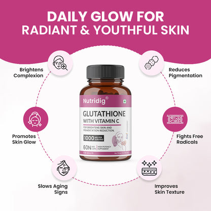 Nutridig® L-Glutathione Skin Brightening Capsules with Vitamin C, Zinc, Biotin | 60 Capsules
