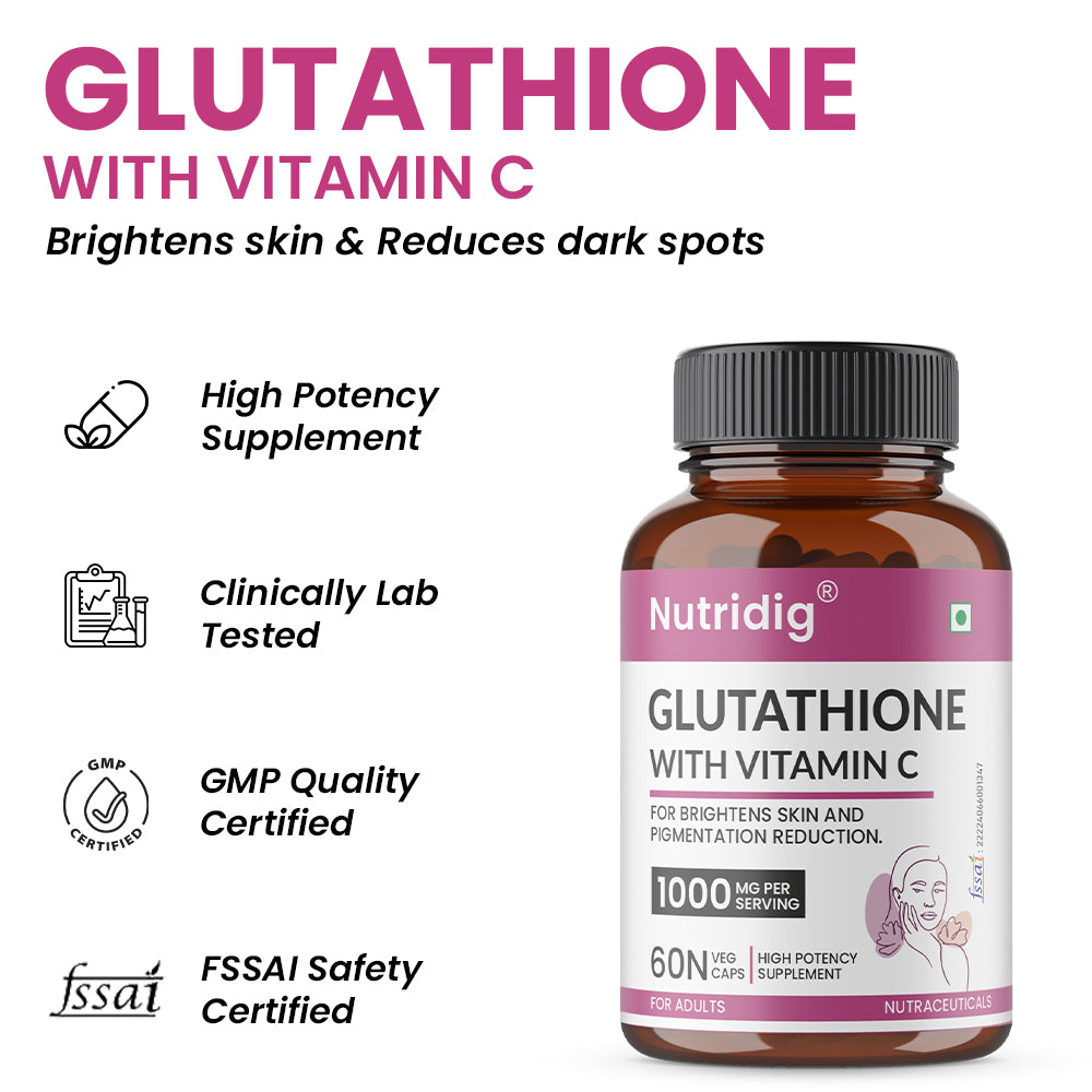 Nutridig® L-Glutathione Skin Brightening Capsules with Vitamin C, Zinc, Biotin | 60 Capsules