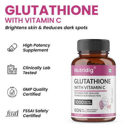 Nutridig® L-Glutathione Skin Brightening Capsules with Vitamin C, Zinc, Biotin | 60 Capsules