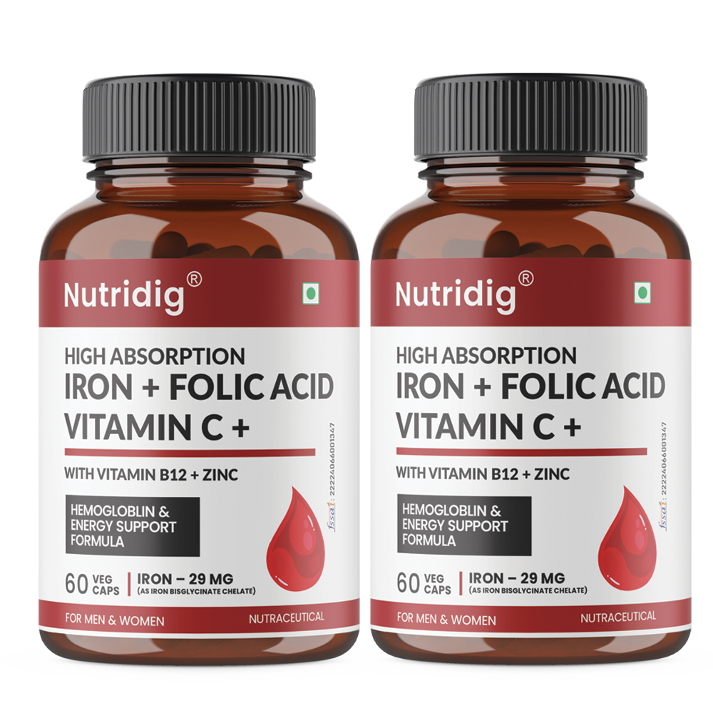 High Absorption Iron with Folic Acid, Vitamin C, B12 & Zinc – 60 Veg Capsules