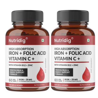 High Absorption Iron with Folic Acid, Vitamin C, B12 & Zinc – 60 Veg Capsules