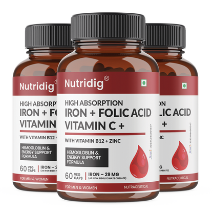 High Absorption Iron with Folic Acid, Vitamin C, B12 & Zinc – 60 Veg Capsules