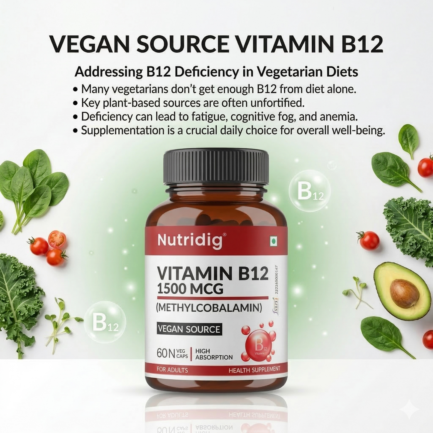 Vitamin B12 High Potency Vegan Capsules 1500mcg  | Methylcobalamin - 60 Caps