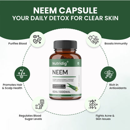 Neem Extract Capsules – Standardized to 10% Azadirachtin | Detox – 60 Veg Capsules