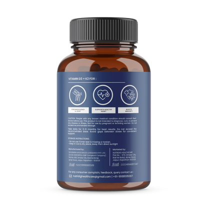 Vitamin D3 + K2 Capsules (Vegan Source) | High Absorption - 60 Capsules