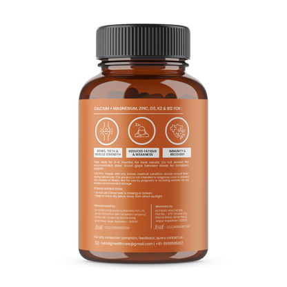 Calcium, Magnesium, Zinc with Vitamin D3, K2 & B12 | Complete Bone, Joint & Muscle Support | 60 Capsules