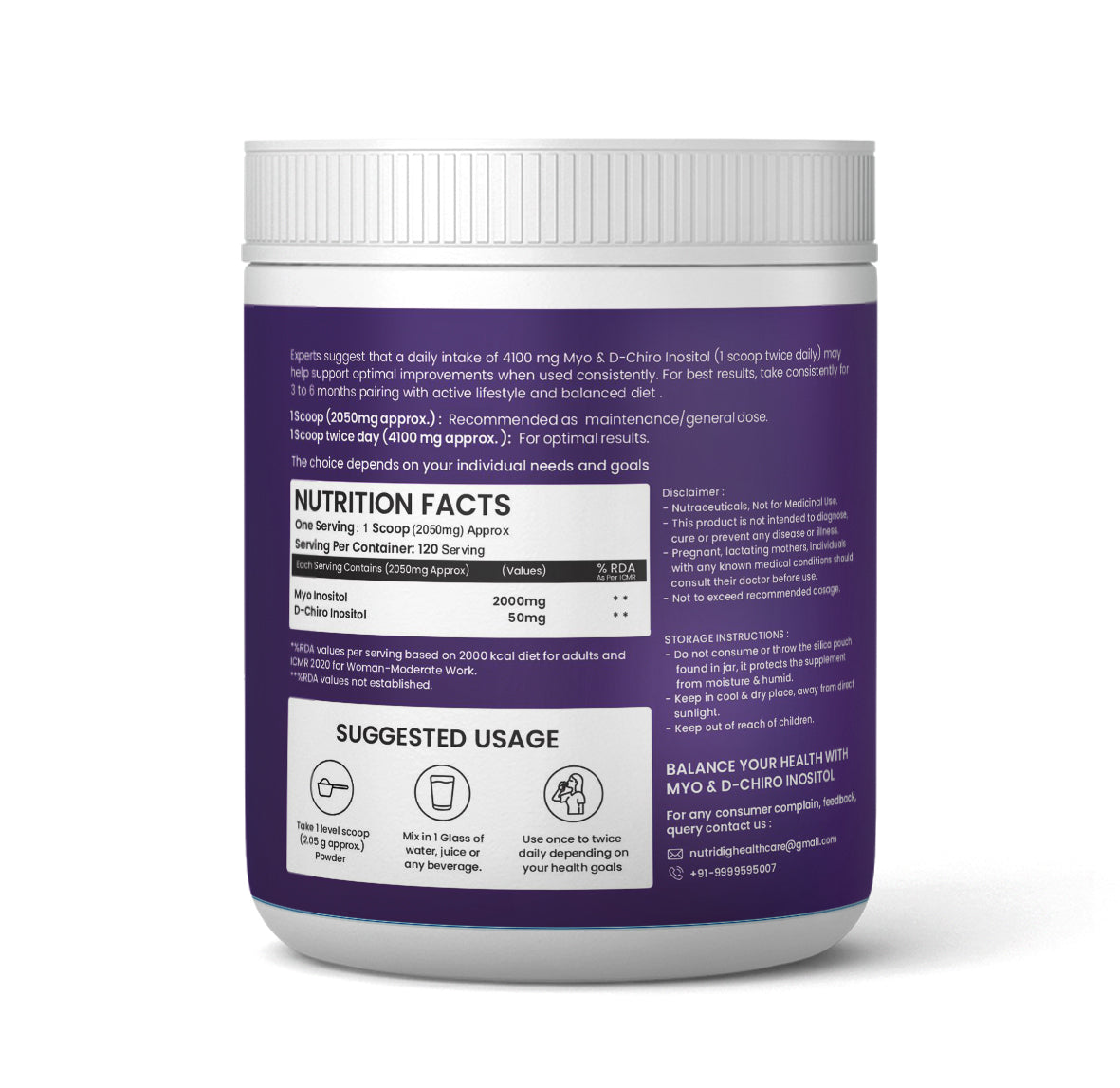 Nutridig® Myo-Inositol & D-Chiro Inositol Powder – 40:1 Ratio | PCOS, Hormonal Balance & Welless - 250gm