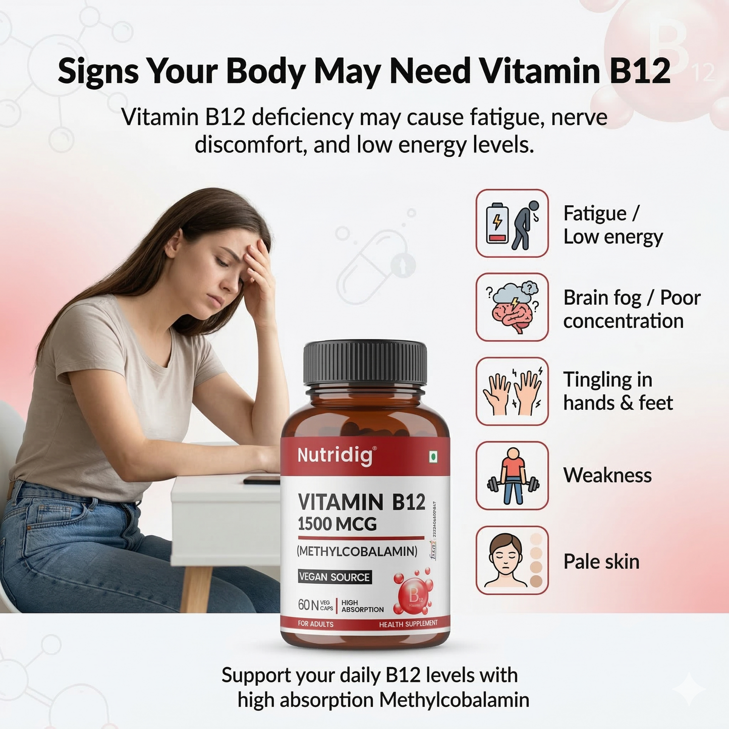 Vitamin B12 High Potency Vegan Capsules 1500mcg  | Methylcobalamin - 60 Caps