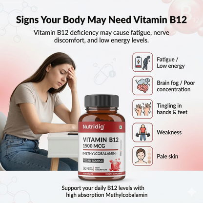 Vitamin B12 High Potency Vegan Capsules 1500mcg  | Methylcobalamin - 60 Caps